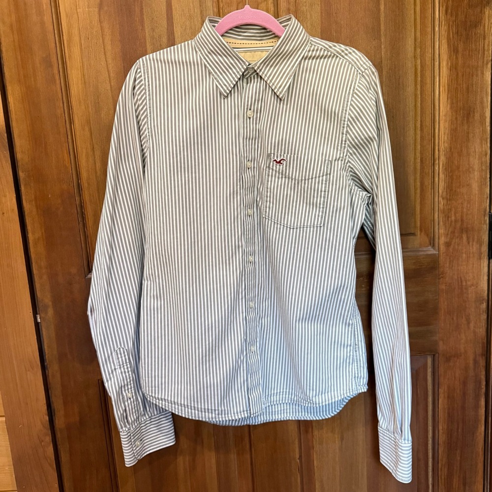 Hollister Mens Large Grey White Striped Long Sleeve Button Down Cotton Shirt L